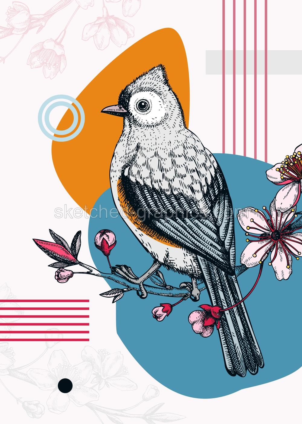 Collage-style bird card. Sketched Tufted titmouse on cherry trendy poster. Creative designs with botanical illustrations, geometric shapes, and abstract elements for nature print, wall art, packaging. Illustration